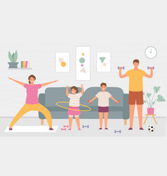 Sport Family At Home Parents And Kids Do Exercise