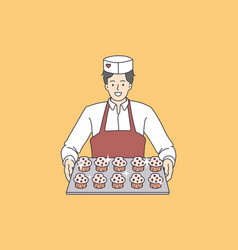 Pastry Baking Worker With Cupcakes Tray