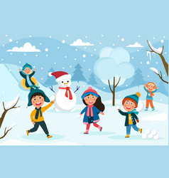 Group Happy Children Playing In Winter Snow