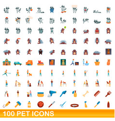 100 Pet Icons Set Cartoon Style