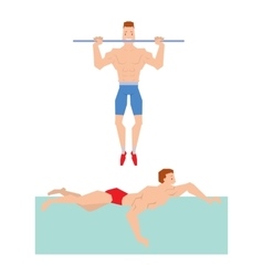 Cartoon Sport Gym People Catch Up Bar And Swim