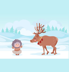 Cute Happy Eskimo Indigenous Girl And Reindeer On