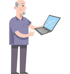 An Elderly Man Holds A Computer In His Hands