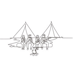 Single One Line Drawing Two Couple Hikers Sitting