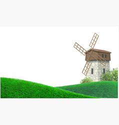 Landscape Of Vintage Windmill And Green Hills