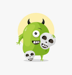 Cute Green Monster With Skull Halloween Cartoon