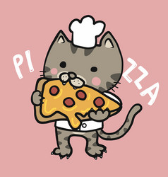 Cat Chef Eat Pizza Cartoon