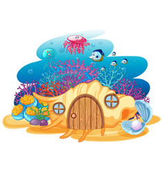 Shell House And Sealife In Underwater Cartoon