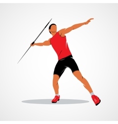 Cartoon strong muscular sportsman throwing javelin