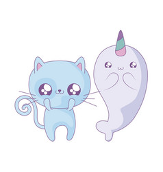 Cute Narwhal With Cat Baby Animals Kawaii Style