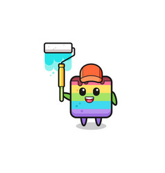 Rainbow Cake Painter Mascot With A Paint Roller