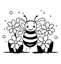 Cute Cartoon Bee And Flowers On White Background