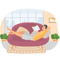 Teen Boy Lying Relax On Couch And Reading