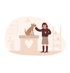 Cartoon Happy Woman Petting Dog In Clinic