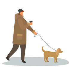 Man With Cup Coffee Walking With Dog On Leash