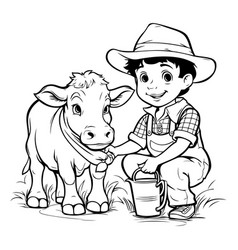 Cowboy And Cow - Black White For Coloring Book