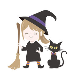 Cute Witch With A Black Cat And Her Magic Broom