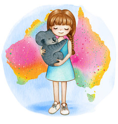 Watercolor Girl With Koala On Australian Rainbow