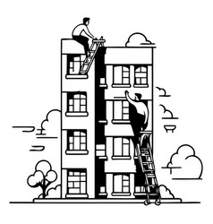 A Man Climbing The Ladder To The Building Flat