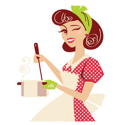 Housewife Pin Up In Red Retro Dress Cooking Soup