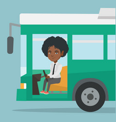 Young African Bus Driver Sitting At Steering Wheel