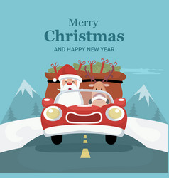 Reindeer Christmas Card Driving Car With Santa Cla