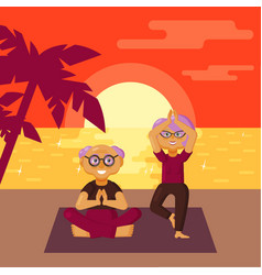 Older Couple Racticing Yoga Exercises On Beach