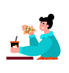 Cartoon Girl Holding Slice Pizza Happy Woman