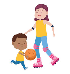 Cute Mother And Son In Skates Playing Basketball