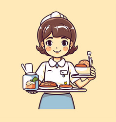 Young Waitress Holding Tray With Food In Cartoon