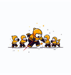 Group Of Cartoon Kids Playing Ice Hockey