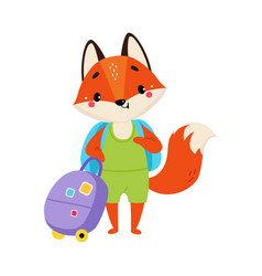 Cute Red Fox Traveler With Suitcase And Backpack