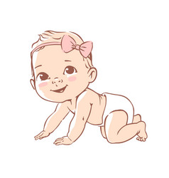 Cute Little Baby Girl In Diaper Crawling