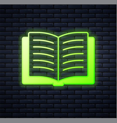 Glowing Neon Open Book Icon Isolated On Brick Wall