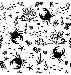 Crabs Seamless Pattern With Seaweed Fish And