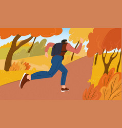 Guy Runs In Park On A Sunny Autumn