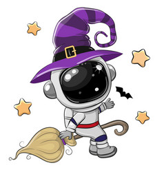 Cartoon Astronaut In A Witch Hat Is Flying