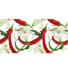 Red Chili Pepper And Lily White Flower Watercolor