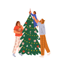 Family Decorating Festive Christmas Fir Tree With