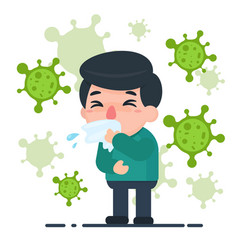 Cartoon Male Ill With Flu And Germs Virus Around