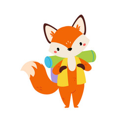 Cute Red Fox Traveler With Backpack Having Journey