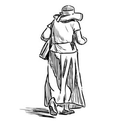 Sketch Elderly Woman In Hat Walking On Summer