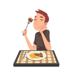 Young Man Eating Meat With French Fries Cheerful