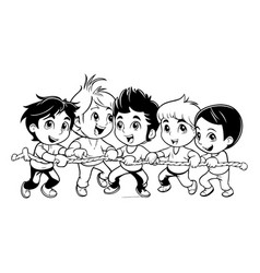 Group Of Happy Kids Playing Tug War Cartoon