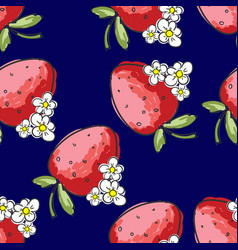 Cute Red Strawberry And Flowers On Blue Background