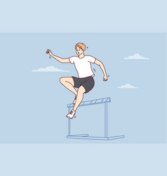 Male Athlete Running Up Jumps Over Barrier During