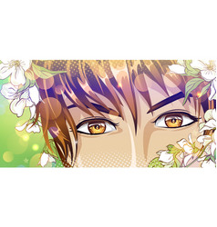 Brown Eyes Of A Young Man With Flowers