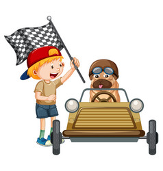 A Pug Dog Racing Car And Boy Holding Flag