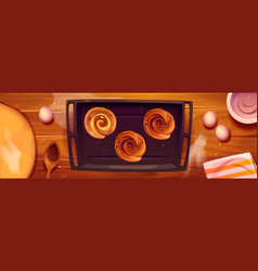 Kitchen Table With Baked Buns On Tray Top View