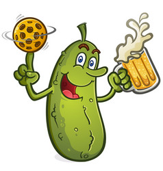 Pickle Cartoon Spinning A Pickleball Drinking Beer